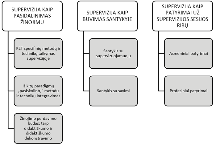 Teminės analizės rezultatai: temos ir potemės. Trys temos su jų potemių sąrašais pateiktos kaip hierarchinė schema. Paveiksle pavaizduota tyrimo teminės analizės schema, atskleidžianti tris pagrindines temas ir jų potemes, identifikuotas kokybinėje supervizorių patirčių analizėje.
1. Pirma tema: „Supervizija kaip pasidalinimas žinojimu“ – po šia tema yra surašytos trys potemės: KET specifinių metodų ir technikų taikymas supervizijoje; Iš kitų paradigmų „pasiskolintų“ metodų ir technikų integravimas; Žinojimo perdavimo būdas: tarp didaktiškumo ir didaktiškumo dekonstravimo.
2. Antra tema: „Supervizija kaip buvimas santykyje“ – dvi potemės: Santykis su supervizuojamuoju; Santykis su savimi; 
3. Trečia tema: „Supervizija kaip patyrimai už supervizijos sesijos ribų“ – dvi potemės: Asmeniniai patyrimai; Profesiniai patyrimai.
Visos temos pavaizduotos stulpelių pavidalu, kiekviena sujungta su jai priklausančiomis potemėmis stačiakampėmis figūromis. Schema struktūruoja kokybinės analizės išvadas ir atspindi, kaip supervizoriai konceptualizuoja supervizijos patirtį trijuose teminiuose lygmenyse.