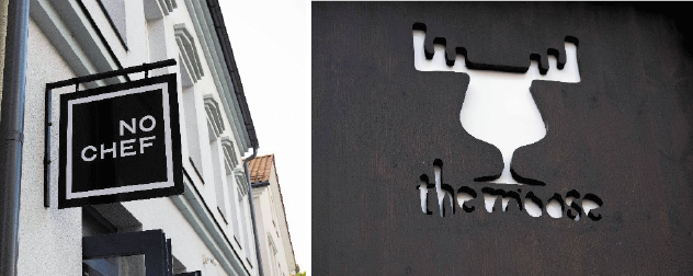 [The figure 2 shows that the identifying part of the name appears without the words defining its type. In these cases, it is unclear what kind of establishment it is or what services or food are offered, as in No Chef and The Moose, shown on the signs in the figures]
